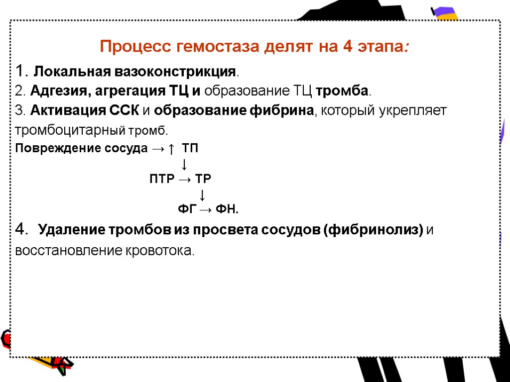 Процесс гемостаза делят на 4 этапа: Локальная вазоконстрикция. Адгезия, агрегация ТЦ и образование ТЦ